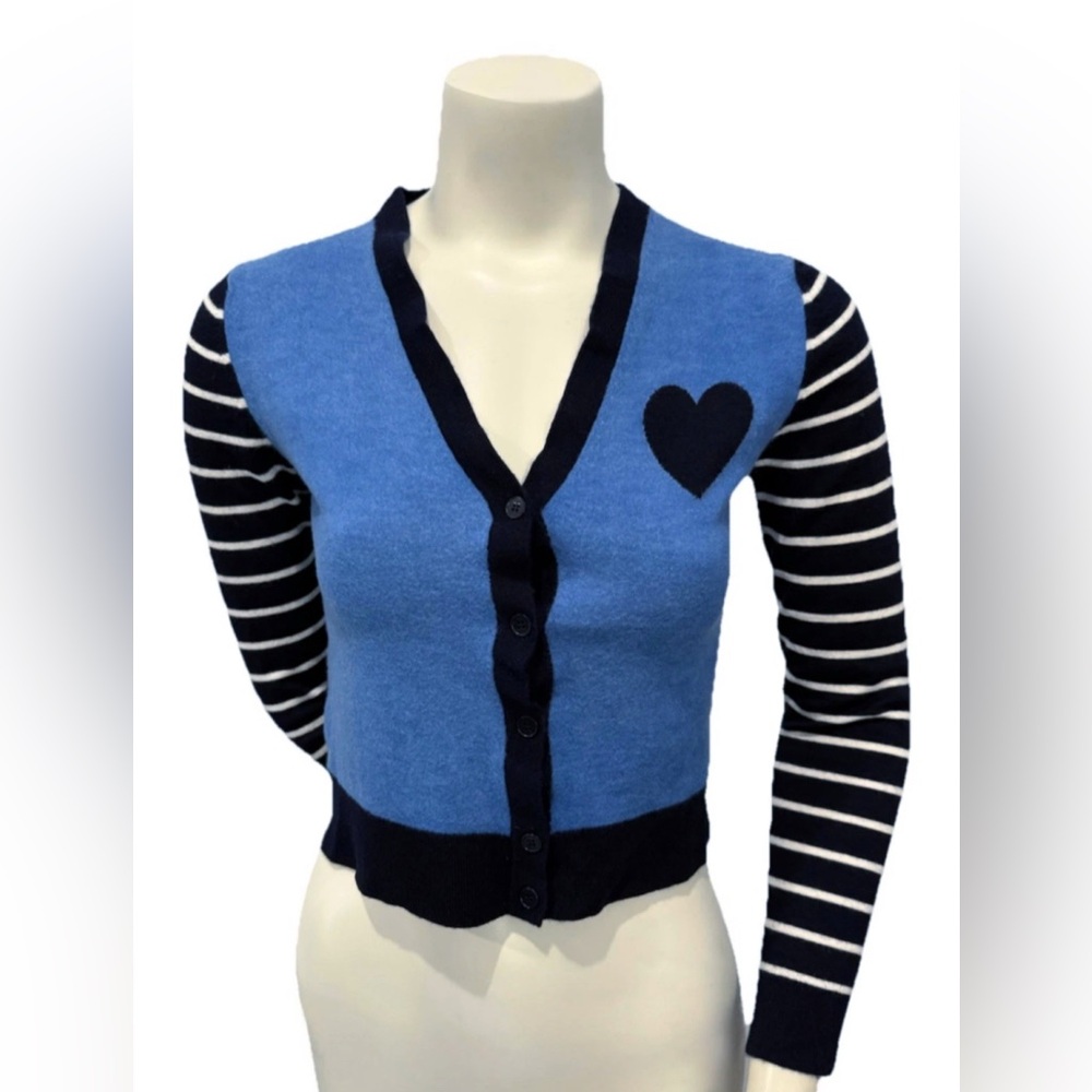 Chinti & Parker 100% Cashmere Heart Cardigan XS Blue Stripe Sleeves Luxury Knit